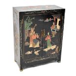 A modern Chinese black painted cabinet painted with carved colourful Chinoiserie scenes,