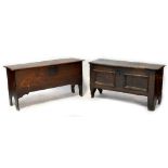 A small slim 18th century oak coffer with two faux front panels with carved arches,