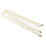 Two strings of vintage cultured pearls to include one with 9ct gold rope twist clasp and even sized