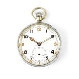 A base metal keyless wind military issue pocket watch, the case back inscribed 'G.S.T.P.