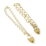 Two hallmarked 9ct oval link gold bracelets with 9ct gold heart lockets, lengths 20cm and 18cm,