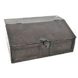 A late 17th oak Bible box, the hinged sloping lid enclosing a partial compartmentalised interior,