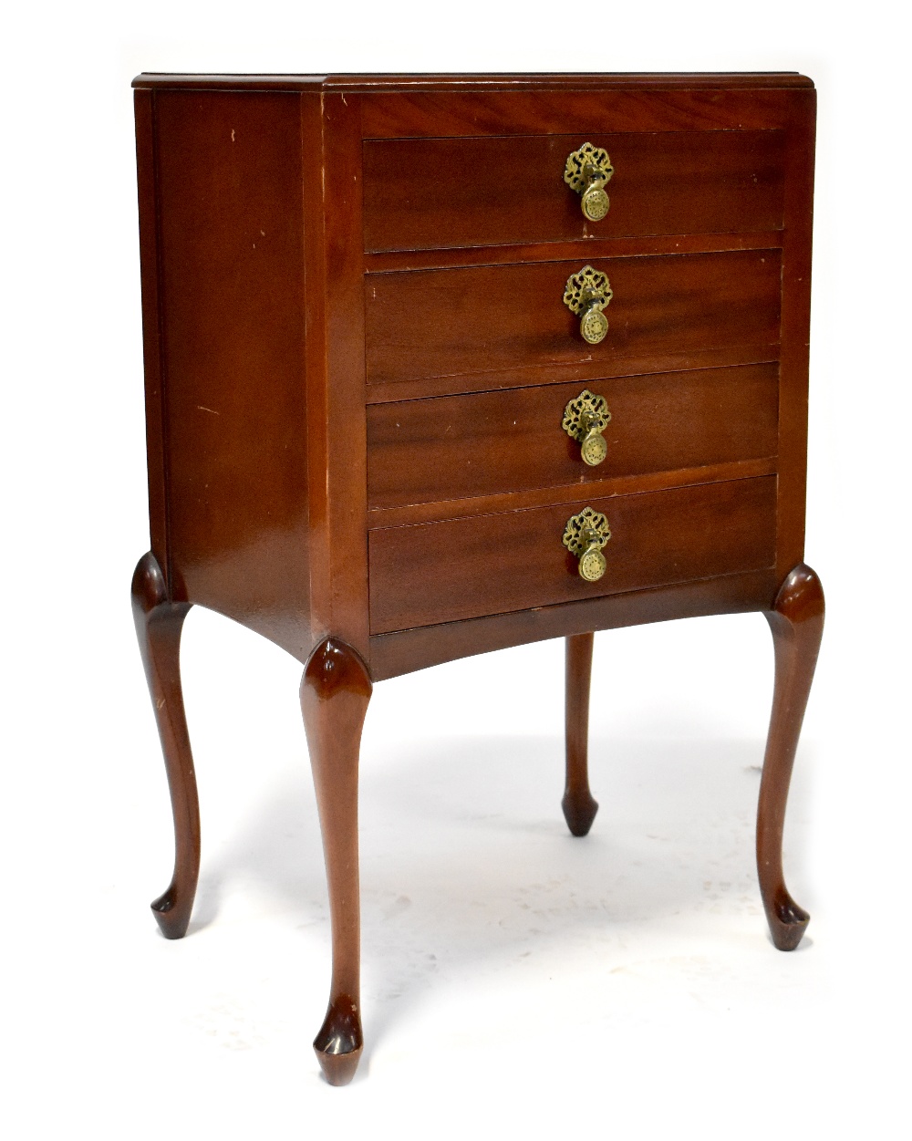 A red walnut four-drawer music cabinet raised on cabriole legs, height 79cm, width 48cm, depth 36cm.