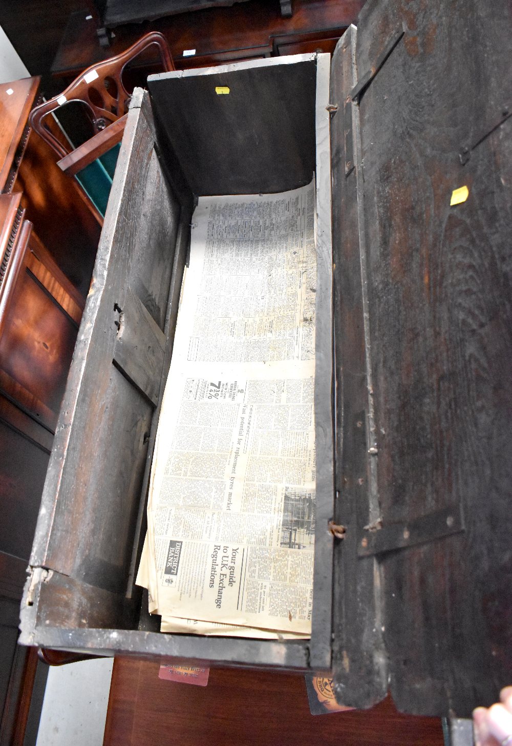 A small slim 18th century oak coffer with two faux front panels with carved arches, - Image 9 of 9