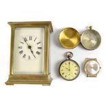 An early 20th century brass carriage clock, the circular enamelled dial set with Roman numerals,