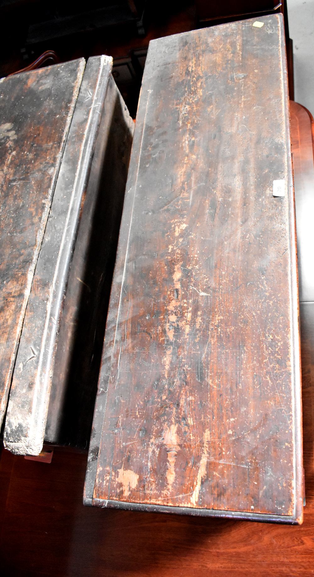 A small slim 18th century oak coffer with two faux front panels with carved arches, - Image 6 of 9