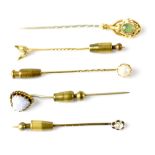 Victorian scarf pins to include 15ct gold fox head pin, heart-shaped opal top,