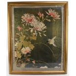 A large Japanese embroidered silk depicting flowering chrysanthemum flowers and bird, unsigned, 80 x