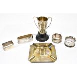 A group of hallmarked silver to include an ashtray, A&J Zimmerman, inscribed 'R.N.E.C 1928 'three