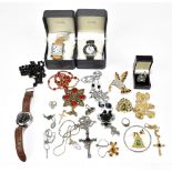 A group of costume jewellery to include fashion watches, rosary beads, dress rings, brooches, etc.