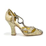 MUI MUI; a pair of python snakeskin and gold sequinned strappy sandals, height of heel 10cm, size