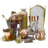 A quantity of assorted metalware to include a bargeware type bucket, a folding screen, a copper fire