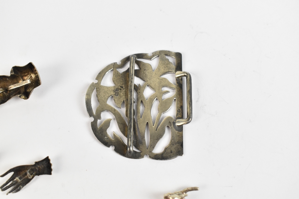 Three late 19th/early 20th century silver brooches/pins modelled as hands, a scarf clip modelled - Image 5 of 5