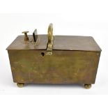 A Georgian brass tavern honesty cigarette box of rectangular form with swan neck handle, with two