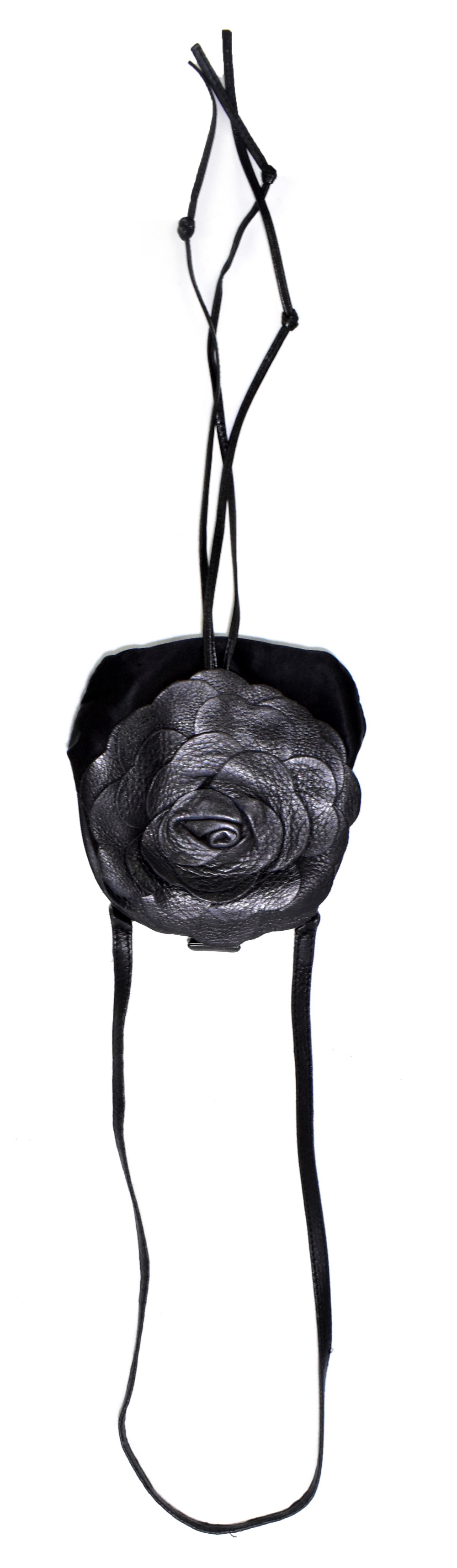BOTTEGA VENETA; a black leather and satin shoulder bag with leather rose, serial no.108339084, 14