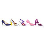 DOLCE & GABBANA; a pair of patent leather and suede purple, red and white heeled sandals with tag,