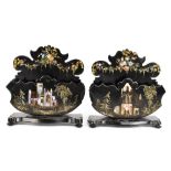 A pair of Victorian papier-mâché letter racks each with inlaid mother of pearl decoration, one