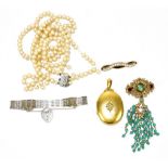 A small group of costume jewellery to include a yellow metal and opal brooch, a gold plated locket