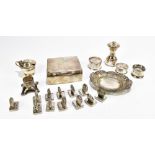 A group of assorted hallmarked silver including a cigarette box with engraved reverse and dated