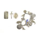 A silver curb link charm bracelet suspending various charms and two holed coins, a 'Stylic' rose