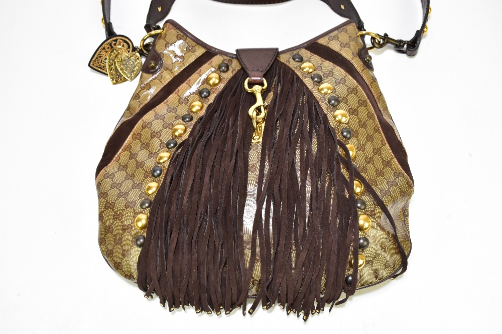 GUCCI; a large monogram cloth handbag with brown suede and leather hand and shoulder straps, - Image 2 of 9