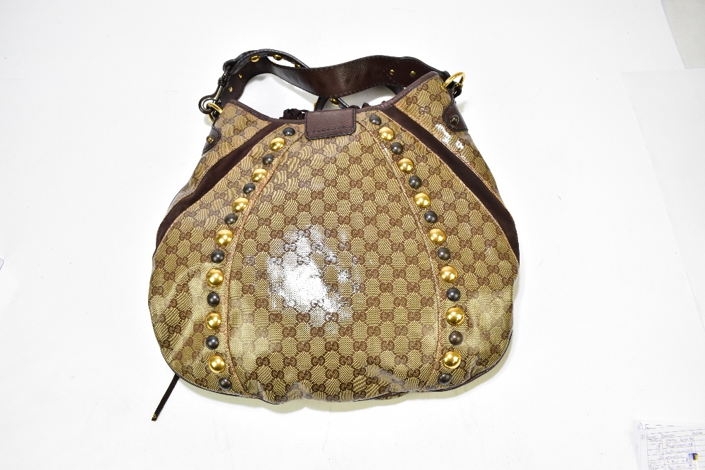 GUCCI; a large monogram cloth handbag with brown suede and leather hand and shoulder straps, - Image 5 of 9