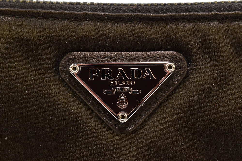 PRADA; a brown satin shoulder bag/clutch with silver tone hardware, a zip top and detachable strap - Image 2 of 7