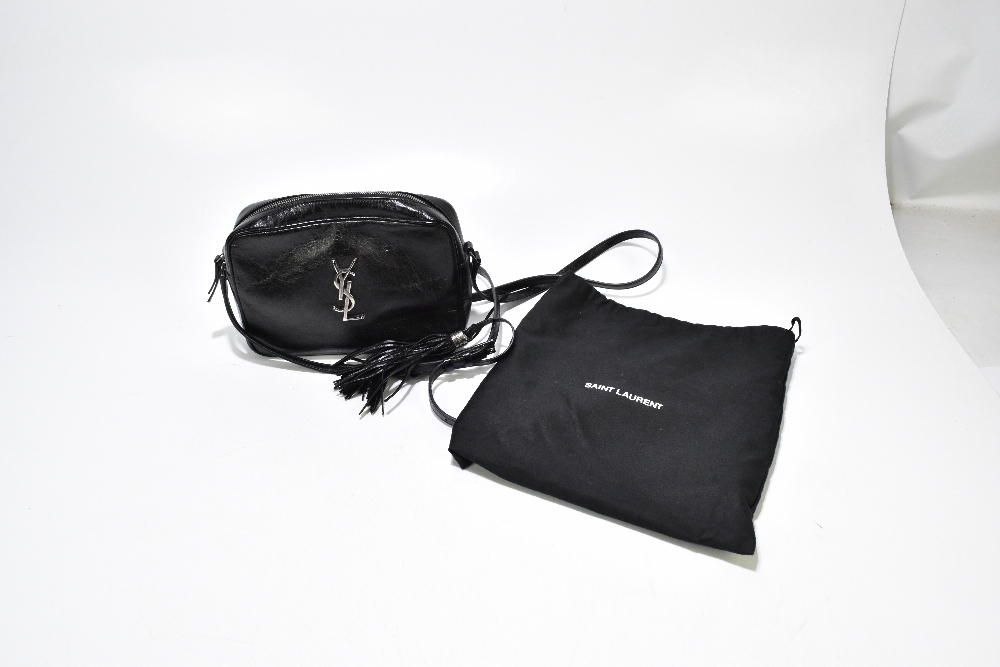 YVES SAINT LAURENT; a black leather shoulder bag with silver tone 'YSL' logo to front, a zip top, - Image 7 of 7