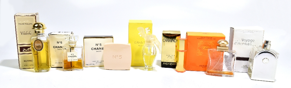 CHANEL NO.5; a box containing bath soap (complete and unused), a boxed half bottle of perfume, an