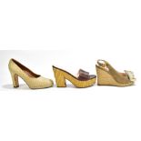 Three pairs of designer shoes comprising a pair of Prada tan leather wedges with bow front and an