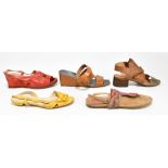 Five pairs of designer sandals comprising a pair of Fratelli Rossetti tan leather wedged sandals,