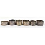 Six variously hallmarked silver single napkin rings, all vacant/uninscribed, 4.3ozt/135g (6).