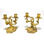 A pair of 19th century Continental gilt metal Rococo style twin branch candelabra, height 18cm.