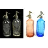 Four original advertising glass soda syphons to include two coloured examples, one by Batey & Co Ltd