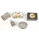 A Limoges porcelain trinket box, width 6.2cm, a Sheffield pewter snuff box, a vesta case with