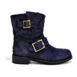 JIMMY CHOO; a pair of 'Youth' blue suede ankle boots with blue fur lining, gold tone logo plaque,