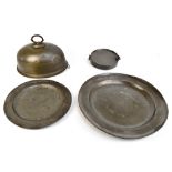 Two 18th century pewter chargers, the larger diameter 45.5cm/18", the smaller 33.8cm/13 1/4", the
