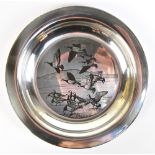 JOHN PINCHES; an Elizabeth II hallmarked silver limited edition plate featuring detail of geese,