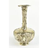 An early 20th century Japanese silver bottle vase with floral moulded rim and relief decoration,