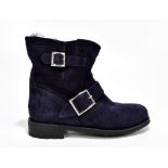 JIMMY CHOO; a pair of 'Youth' blue suede ankle boots with blue fur lining, silver tone logo