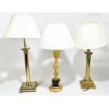 Two brass Corinthian column table lamps on square section bases, the taller height 60cm (excluding