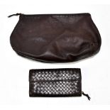 BOTTEGA VENETA; a large brown leather zip top makeup bag, made in Italy, with a cloth lining, 29 x