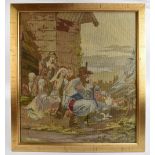 An embroidery featuring a travelling group in rural setting, unsigned, 71 x 63.5cm, framed and