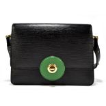 LOUIS VUITTON; a black epi leather cross body shoulder/handbag with green leather circular front