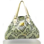 LOUIS VUITTON; a green monogram linen and white leather travel/beach bag, with monogrammed cloth