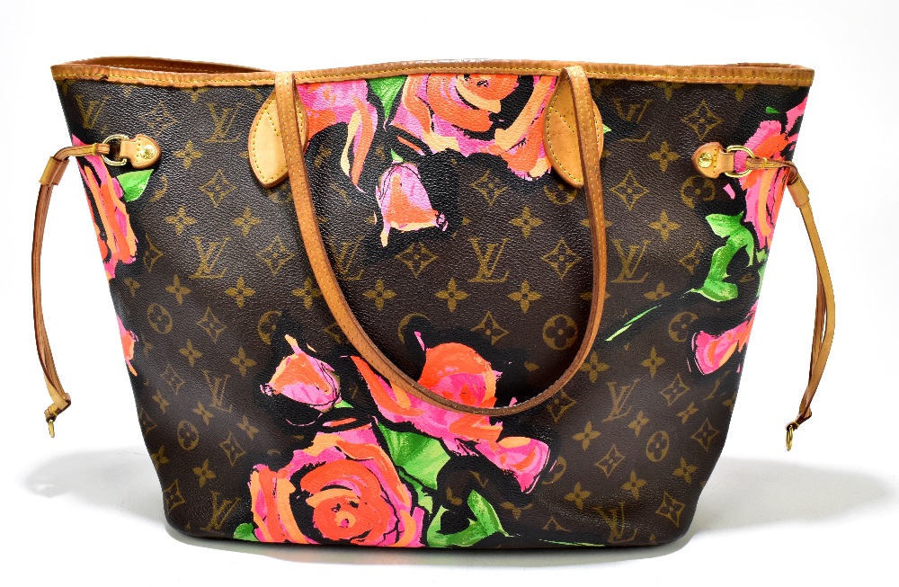 LOUIS VUITTON; a circa 2009 limited edition 'Neverfull Roses MM' brown monogram canvas shoulder