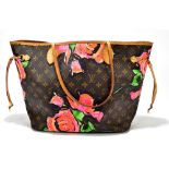 LOUIS VUITTON; a circa 2009 limited edition 'Neverfull Roses MM' brown monogram canvas shoulder