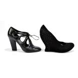 ALEXANDER MCQUEEN; a pair of unusual vintage black suede high wedge court shoes decorated with black