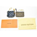 LOUIS VUITTON; a monogrammed denim 'Pochette' coin purse with gold tone buckle, tan leather