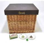 HARRODS; a large wicker hamper box with faux leather lid embossed with Harrods logo, 42 x 42cm, a